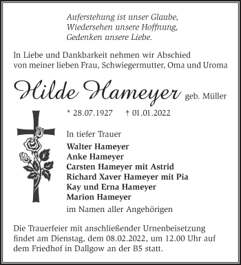 Traueranzeige von Hilde Hameyer von Märkische Oderzeitung