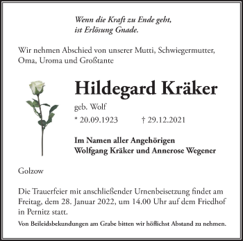 Traueranzeige von Hildegard Kräker von Märkische Oderzeitung