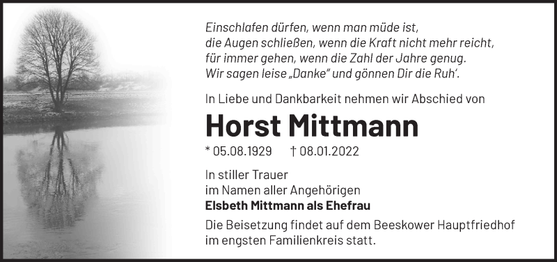  Traueranzeige für Horst Mittmann vom 12.01.2022 aus Märkische Oderzeitung