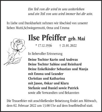 Traueranzeige von Ilse Pfeiffer von Märkische Oderzeitung