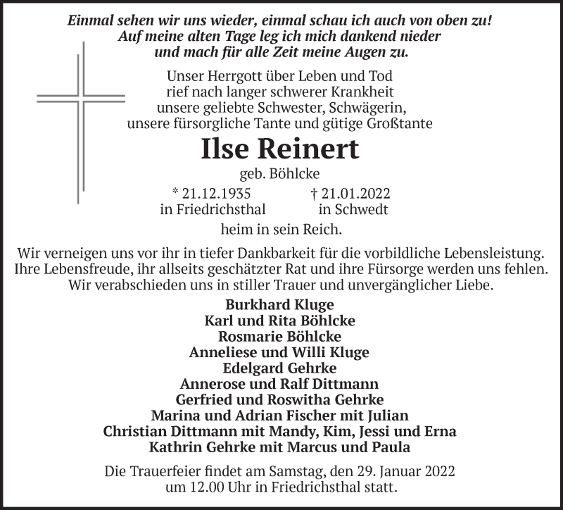  Traueranzeige für Ilse Reinem vom 26.01.2022 aus Märkische Oderzeitung