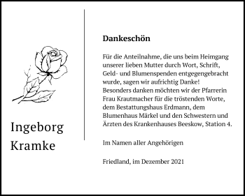 Traueranzeige von Ingeborg Kramke von Märkische Oderzeitung