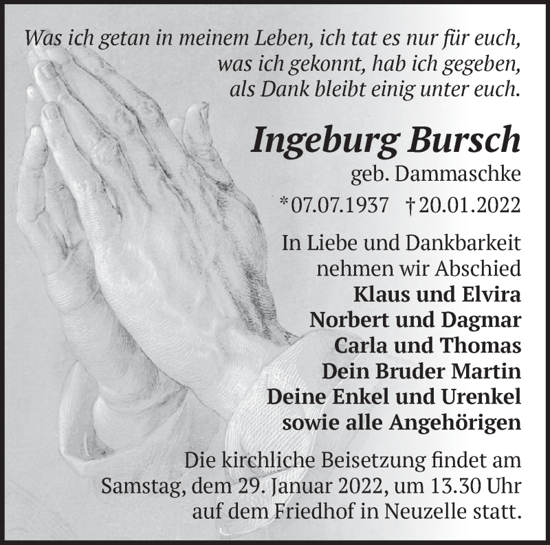  Traueranzeige für Ingeburg Bursch vom 27.01.2022 aus Märkische Oderzeitung