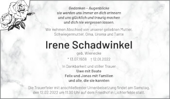 Traueranzeige von Irene Schadwinkel von Märkische Oderzeitung