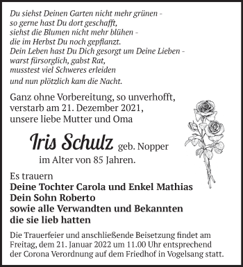 Traueranzeige von Iris Schulz von Märkische Oderzeitung