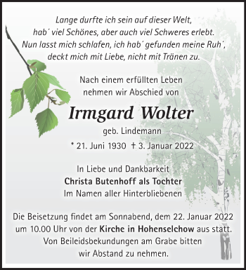 Traueranzeige von Irmgard Wolter von Märkische Oderzeitung