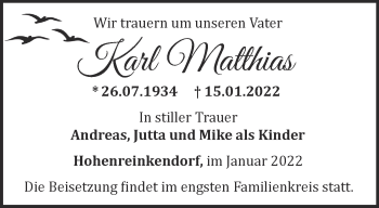 Traueranzeige von Karl Matthias von Märkische Oderzeitung