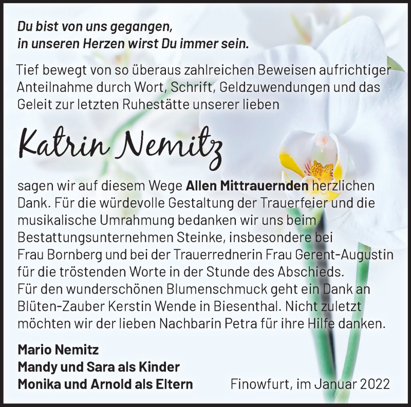  Traueranzeige für Katrin Nemitz vom 22.01.2022 aus Märkische Oderzeitung