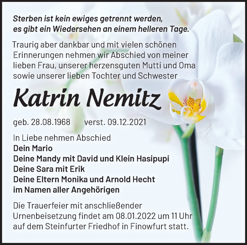  Traueranzeige für Katrin Nemitz vom 02.01.2022 aus Märkische Oderzeitung