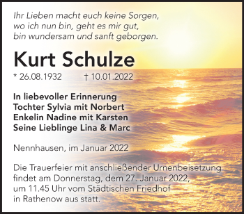 Traueranzeige von Kurt Schulze von Märkische Oderzeitung