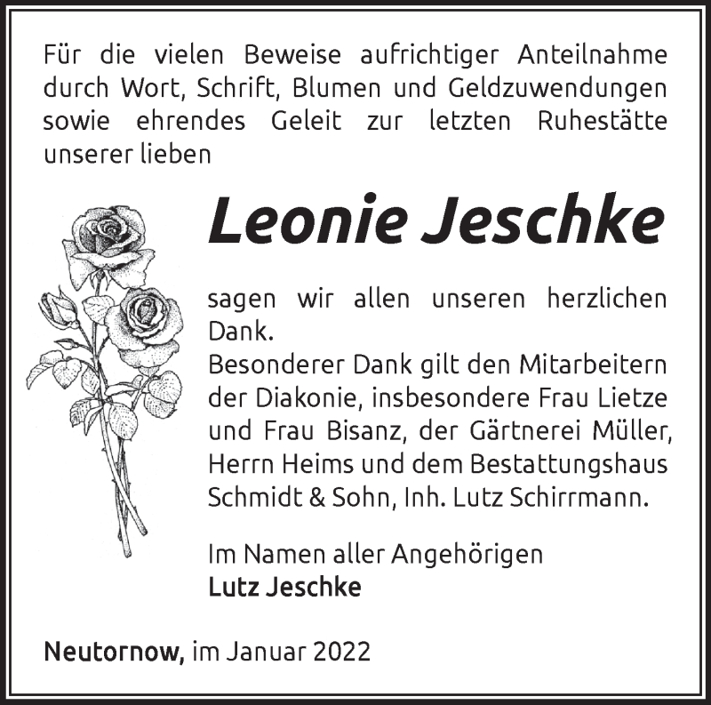  Traueranzeige für Leonie Jeschke vom 30.01.2022 aus Märkische Oderzeitung