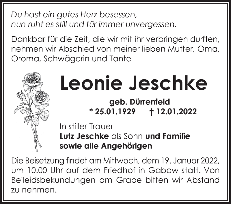  Traueranzeige für Leonie Jeschke vom 18.01.2022 aus Märkische Oderzeitung