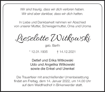 Traueranzeige von Lieselotte Witkowski von Märkische Oderzeitung