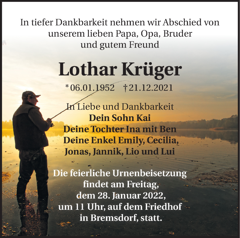  Traueranzeige für Lothar Krüger vom 08.01.2022 aus Märkische Oderzeitung