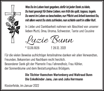 Traueranzeige von Luzie Bunn von Märkische Oderzeitung