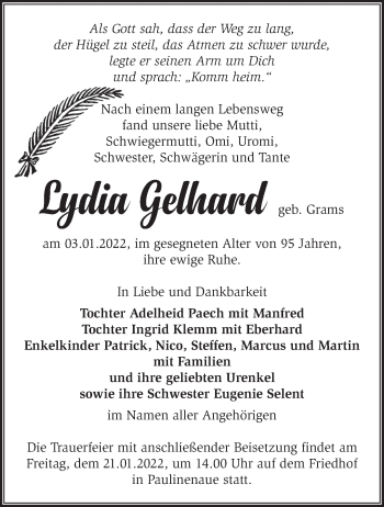 Traueranzeige von Lydia Gelhard von Märkische Oderzeitung