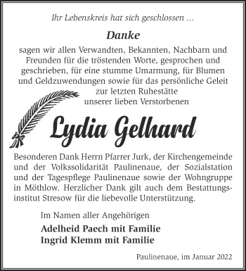 Traueranzeige von Lydia Gelhard von Märkische Oderzeitung