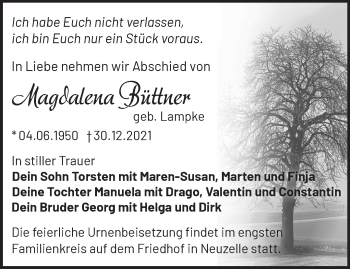 Traueranzeige von Magdalena Büttner von Märkische Oderzeitung