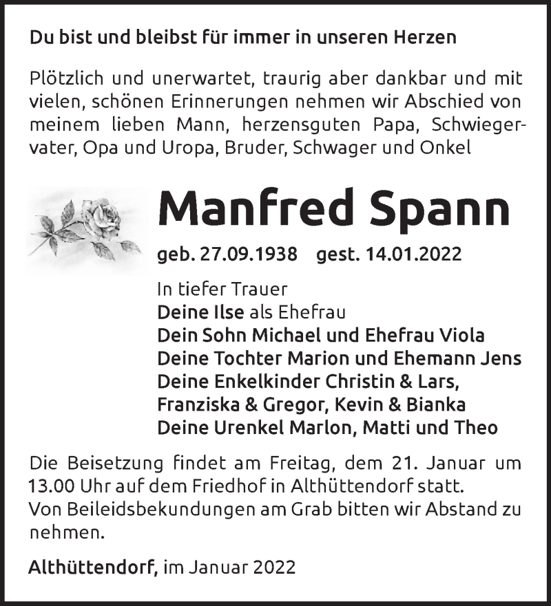  Traueranzeige für Manfred Spann vom 19.01.2022 aus Märkische Oderzeitung