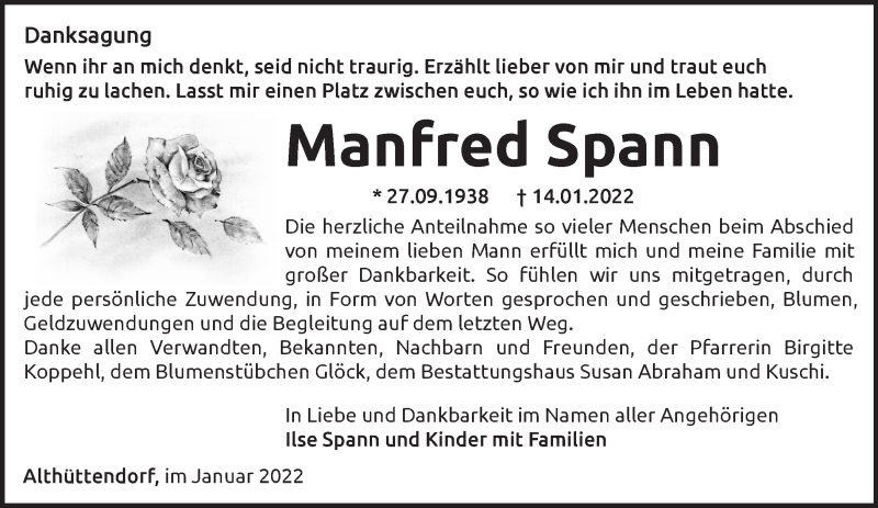  Traueranzeige für Manfred Spann vom 28.01.2022 aus Märkische Oderzeitung