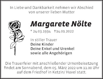 Traueranzeige von Margarete Nölte von Märkische Oderzeitung