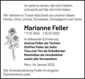 Traueranzeige von Marianne Feller von Märkische Oderzeitung