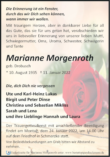 Traueranzeige von Marianne Morgenroth von Märkische Oderzeitung