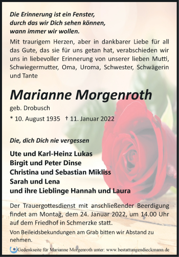 Traueranzeige von Marianne Morgenroth von Märkische Oderzeitung