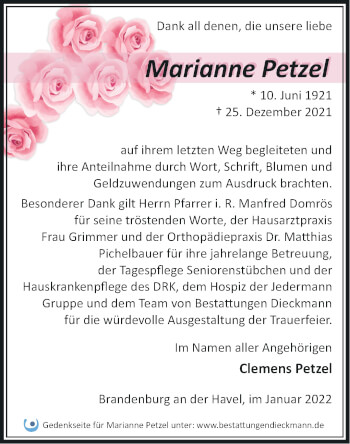 Traueranzeige von Marianne Petzel von Märkische Oderzeitung