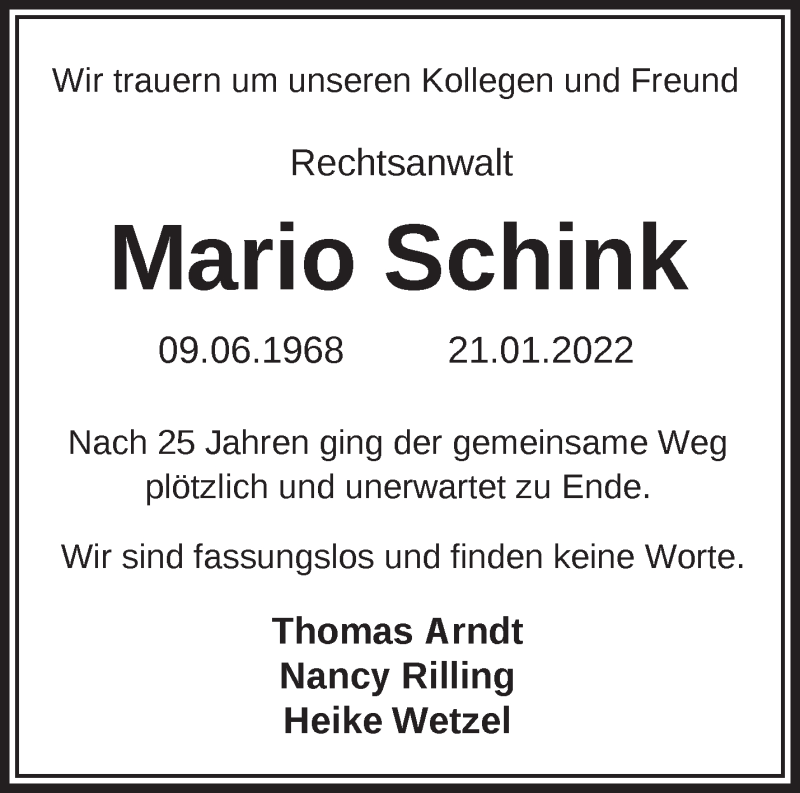  Traueranzeige für Mario Schink vom 30.01.2022 aus Märkische Oderzeitung