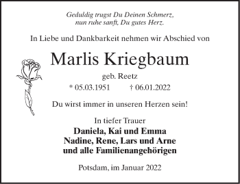 Traueranzeige von Marlis Kriegbaum von Märkische Oderzeitung