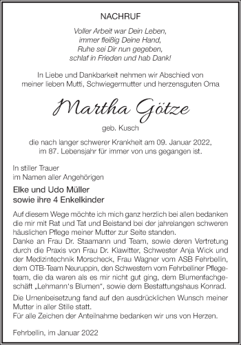 Traueranzeige von Martha Götze von Märkische Oderzeitung