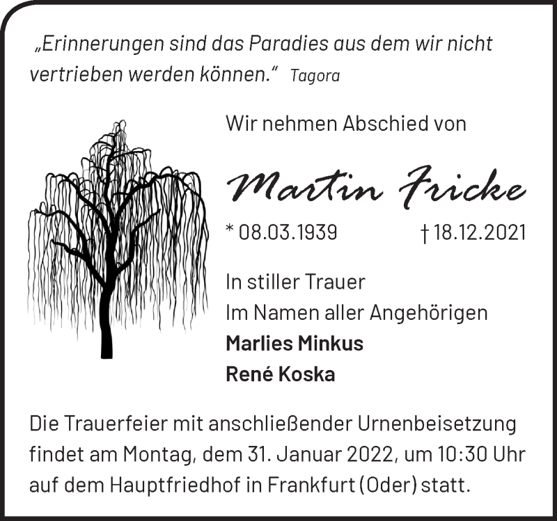  Traueranzeige für Martin Fricke vom 08.01.2022 aus Märkische Oderzeitung