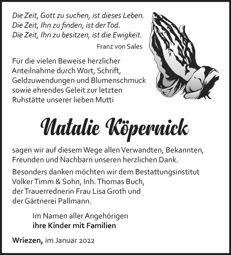  Traueranzeige für Natalie Köpernick vom 28.01.2022 aus Märkische Oderzeitung