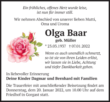 Traueranzeige von Olga Baar von Märkische Oderzeitung