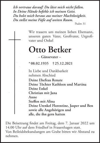 Traueranzeige von Otto Betker von Märkische Oderzeitung