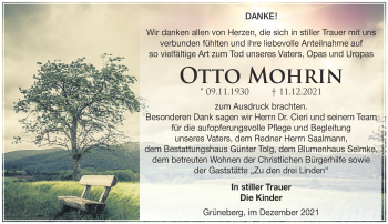 Traueranzeige von Otto Mohrin von Märkische Oderzeitung