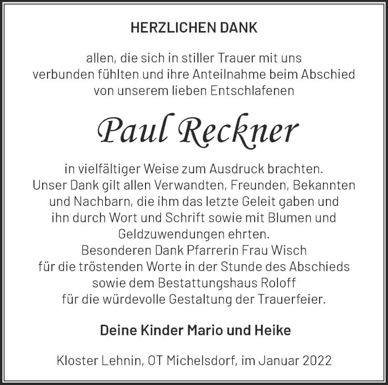  Traueranzeige für Paul Reckner vom 23.01.2022 aus Märkische Oderzeitung