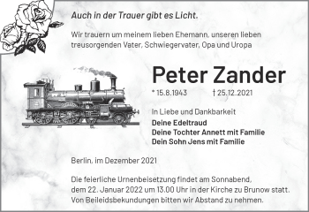 Traueranzeige von Peter Zander von Märkische Oderzeitung