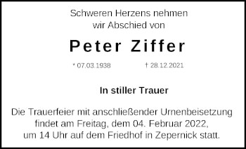 Traueranzeige von Peter Ziffer von Märkische Oderzeitung