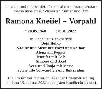 Traueranzeige von Ramona Kneifel-Vorpahl von Märkische Oderzeitung