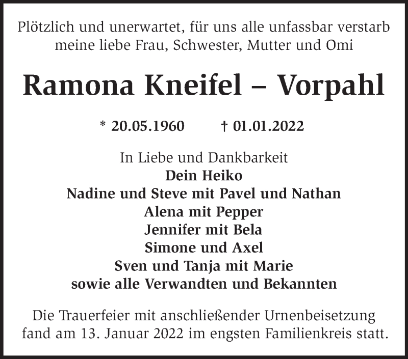  Traueranzeige für Ramona Kneifel-Vorpahl vom 19.01.2022 aus Märkische Oderzeitung
