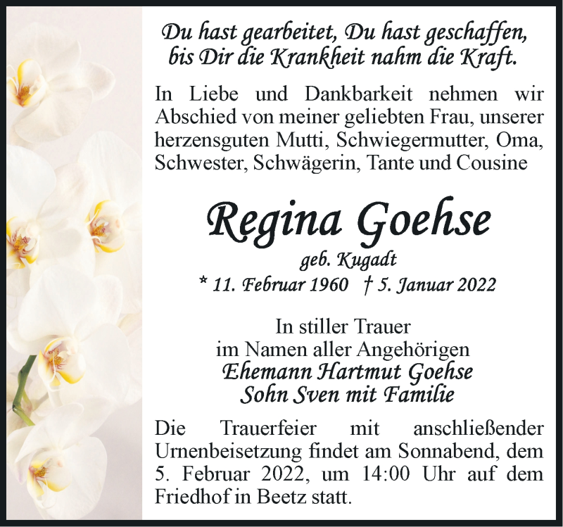  Traueranzeige für Regina Goehse vom 22.01.2022 aus Märkische Oderzeitung