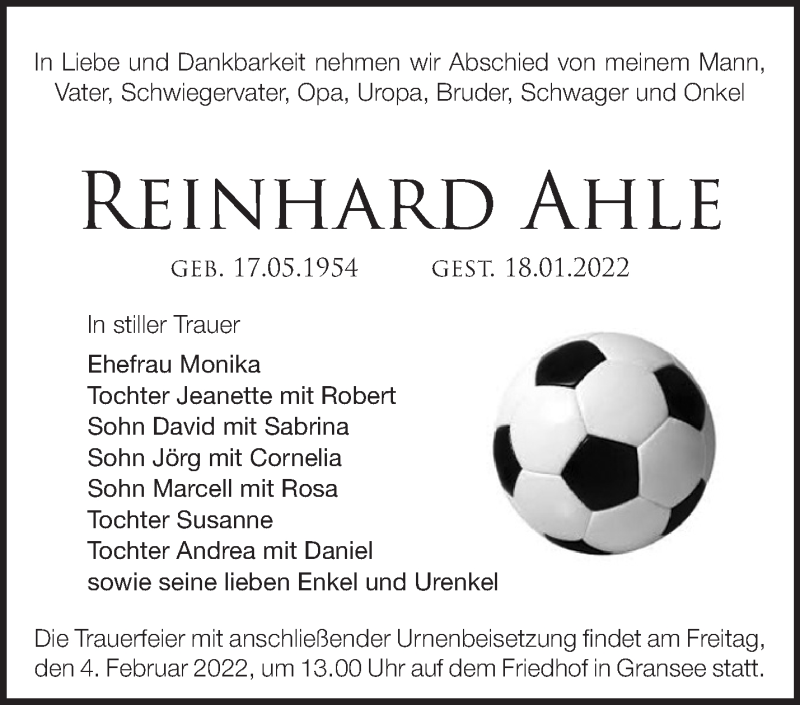  Traueranzeige für Reinhard Ahle vom 29.01.2022 aus Märkische Oderzeitung