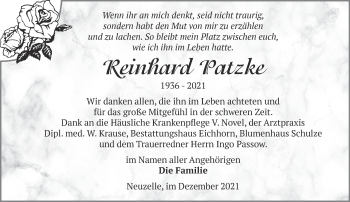 Traueranzeige von Reinhard Patzke von Märkische Oderzeitung