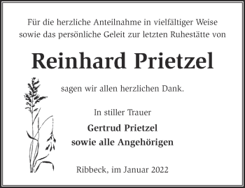 Traueranzeige von Reinhard Prietzel von Märkische Oderzeitung