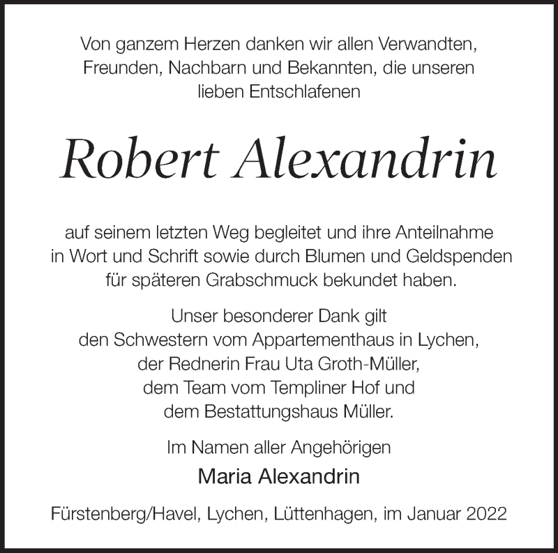  Traueranzeige für Robert Alexandrin vom 29.01.2022 aus Märkische Oderzeitung