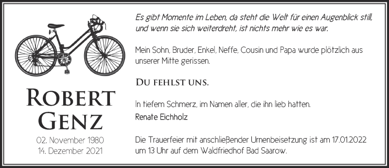  Traueranzeige für Robert Genz vom 11.01.2022 aus Märkische Oderzeitung