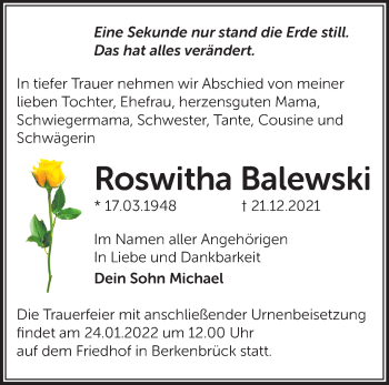 Traueranzeige von Roswitha Balewski von Märkische Oderzeitung