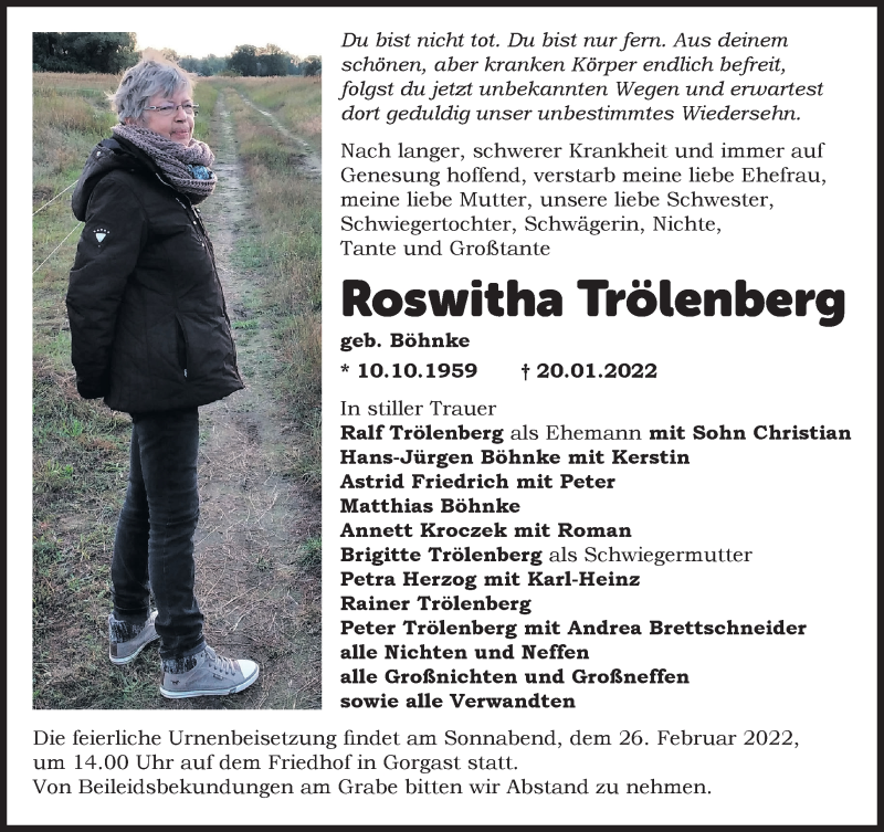  Traueranzeige für Roswitha Trölenberg vom 29.01.2022 aus Märkische Oderzeitung